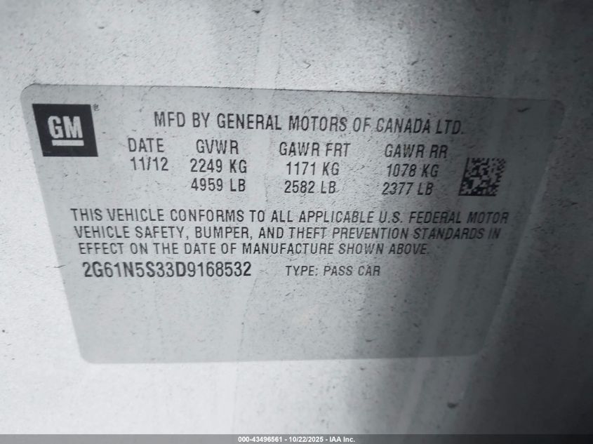 2013 Cadillac Xts Standard VIN: 2G61N5S33D9168532 Lot: 43496561