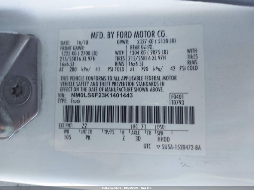 2019 Ford Transit Connect Xlt VIN: NM0LS6F23K1401443 Lot: 43496589