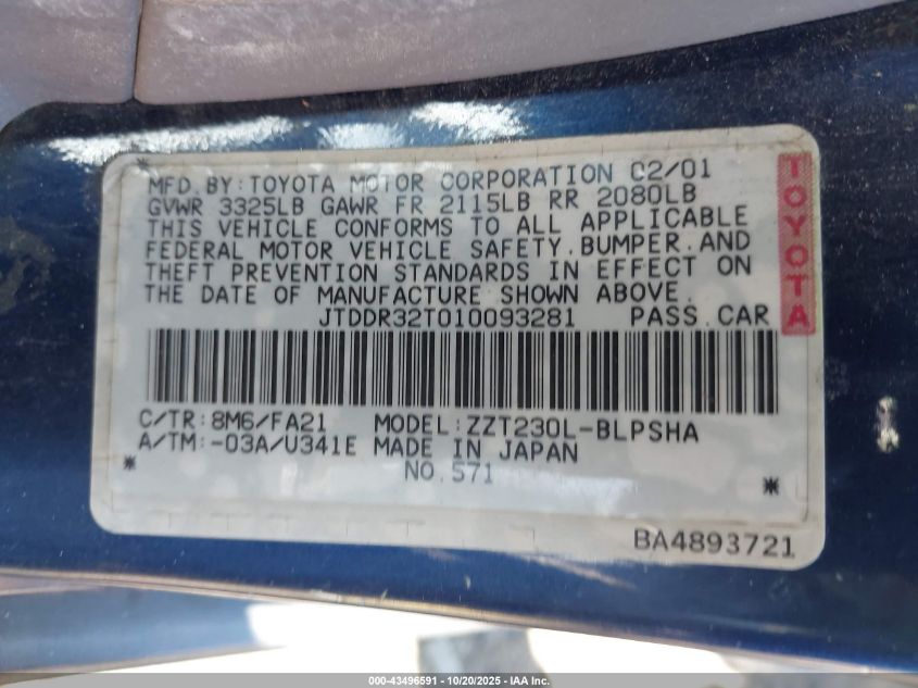 2001 Toyota Celica Gt VIN: JTDDR32T010093281 Lot: 43496591