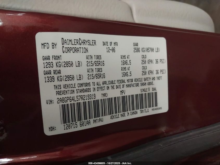 2007 Chrysler Town & Country Limited VIN: 2A8GP64L57R219319 Lot: 43496609