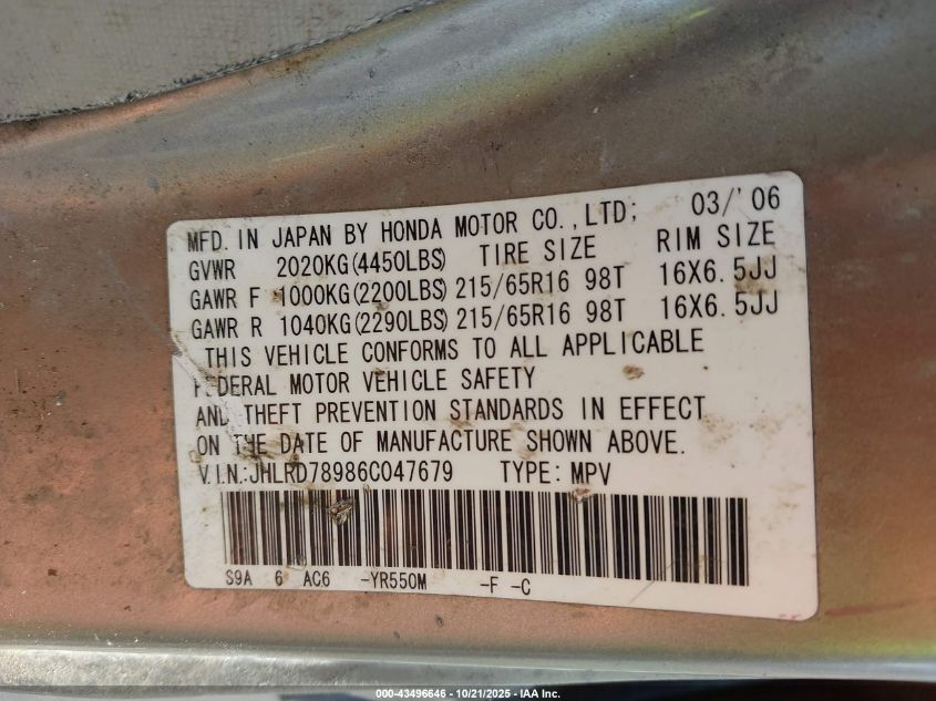 2006 Honda Cr-V Se VIN: JHLRD78986C047679 Lot: 43496646