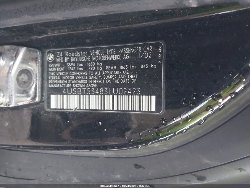 2003 BMW Z4 3.0I VIN: 4USBT53483LU02423 Lot: 43496647
