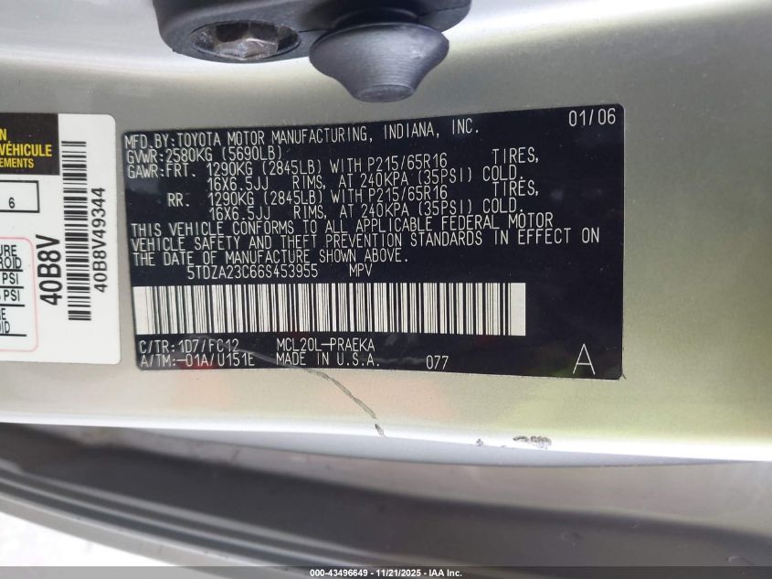 2006 Toyota Sienna Le VIN: 5TDZA23C66S453955 Lot: 43496649