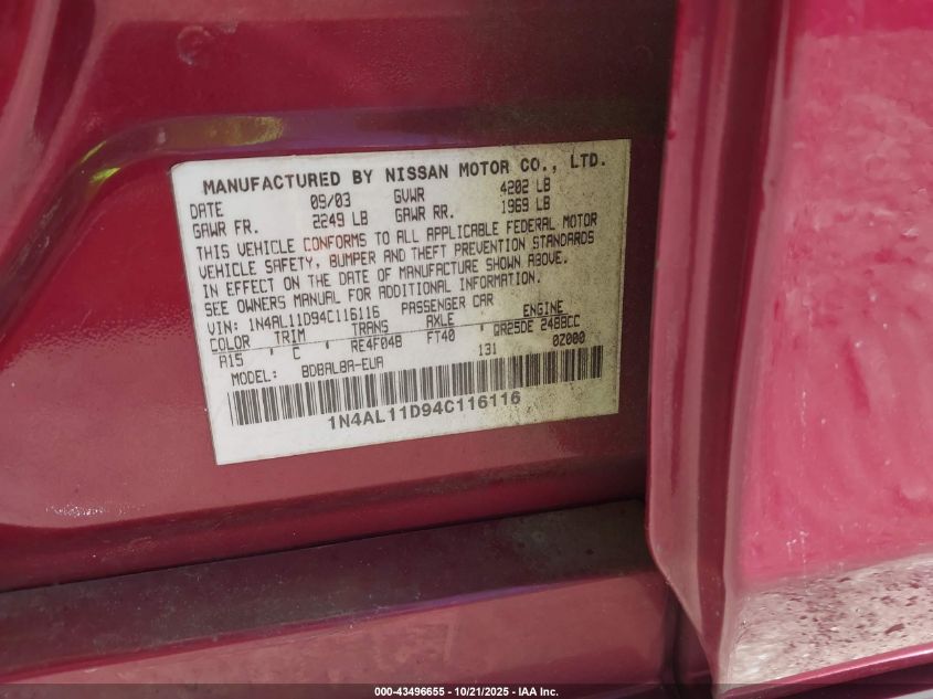 2004 Nissan Altima 2.5 S VIN: 1N4AL11D94C116116 Lot: 43496655
