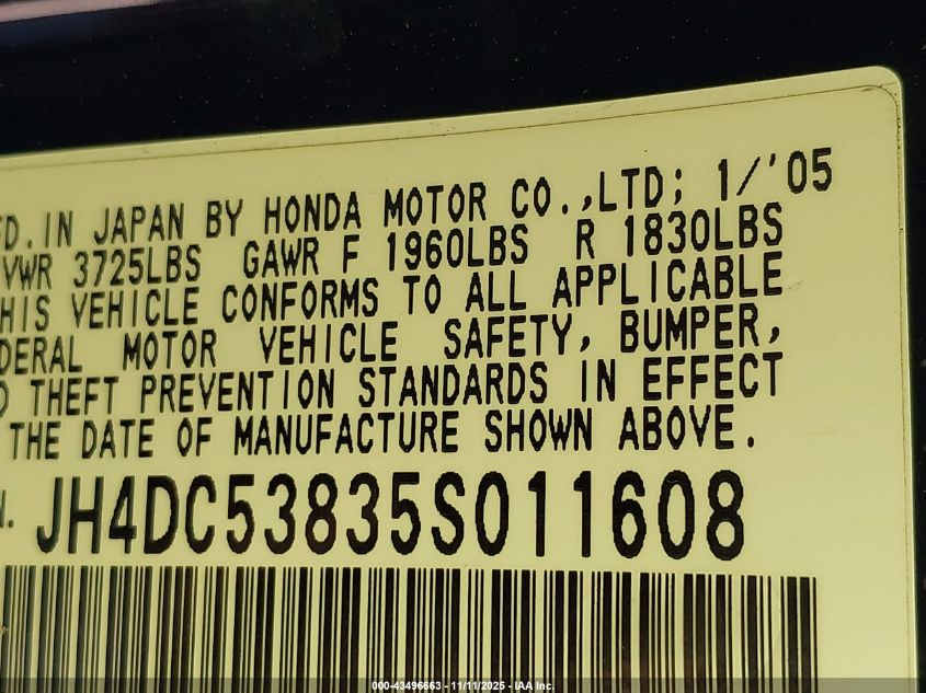 2005 Acura Rsx VIN: JH4DC53835S011608 Lot: 43496663