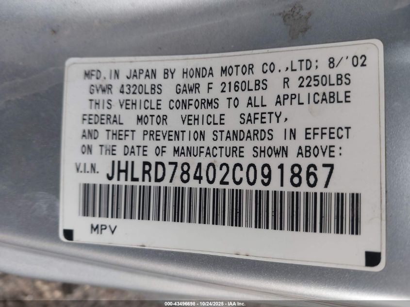 2002 Honda Cr-V Lx VIN: JHLRD78402C091867 Lot: 43496698