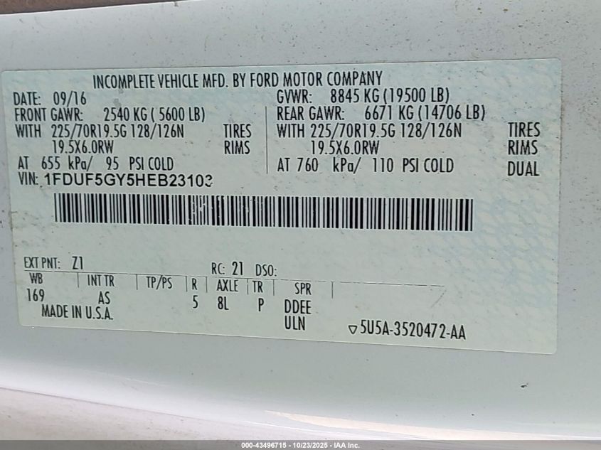 2017 Ford F-550 Chassis Xl VIN: 1FDUF5GY5HEB23103 Lot: 43496715