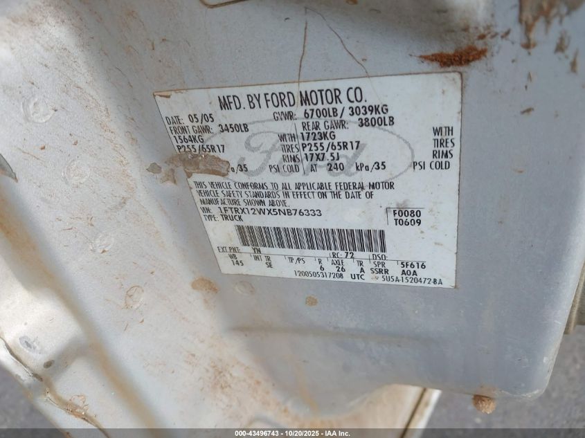 2005 Ford F-150 Stx/Xl/Xlt VIN: 1FTRX12WX5NB76333 Lot: 43496743