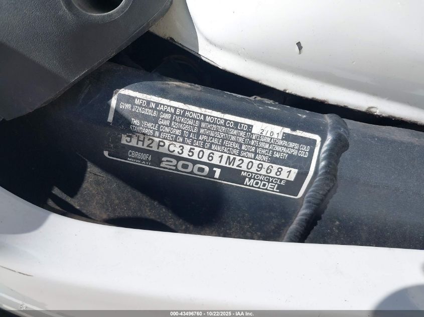 2001 Honda Cbr600 F4 VIN: JH2PC35061M209681 Lot: 43496760