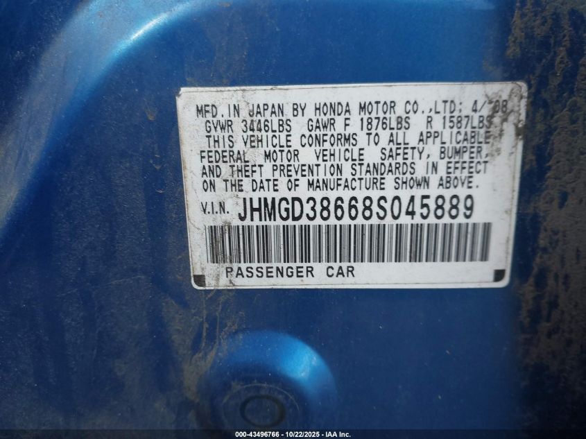 2008 Honda Fit Sport VIN: JHMGD38668S045889 Lot: 43496766