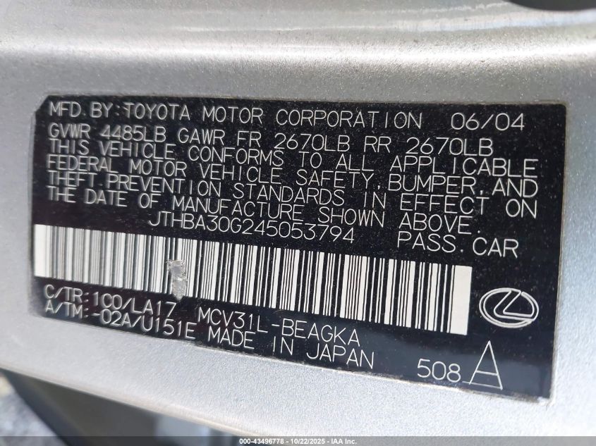 2004 Lexus Es 330 VIN: JTHBA30G245053794 Lot: 43496778