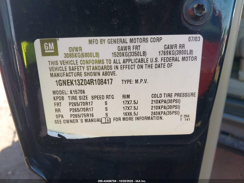 1GNEK13Z04R108417 2004 CHEVROLET TAHOE photo no. 9