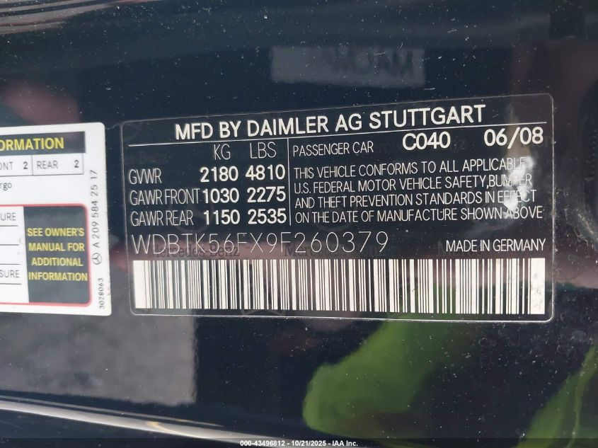 2009 Mercedes-Benz Clk 350 VIN: WDBTK56FX9F260379 Lot: 43496812