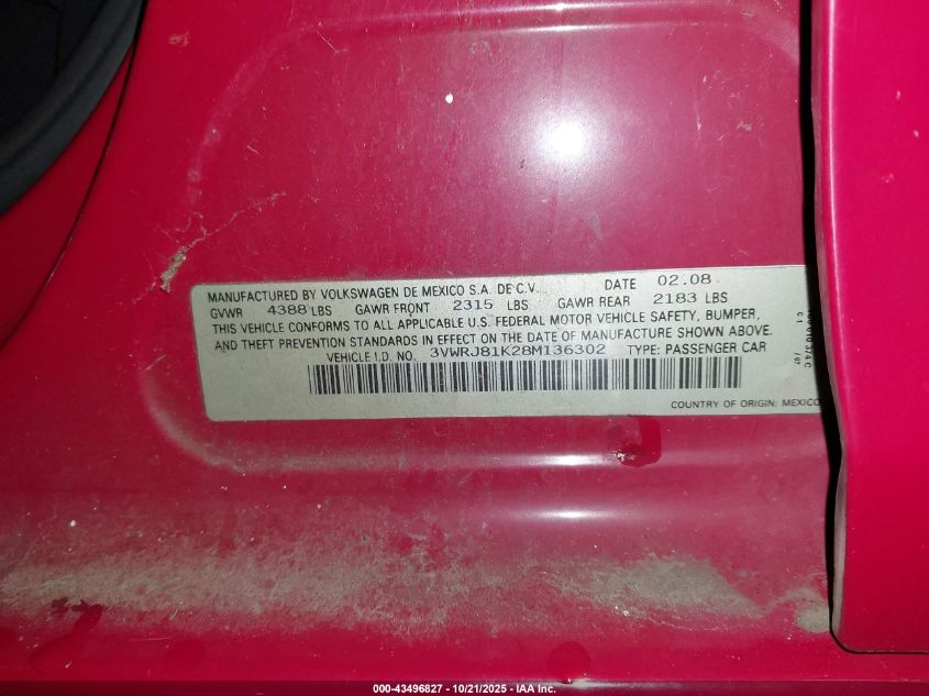 2008 Volkswagen Jetta Wolfsburg Edition VIN: 3VWRJ81K28M136302 Lot: 43496827