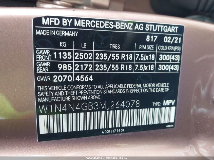 2021 MERCEDES-BENZ GLA 250 W1N4N4GB3MJ264078