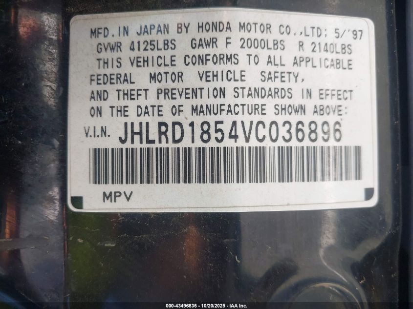 1997 Honda Cr-V VIN: JHLRD1854VC036896 Lot: 43496836