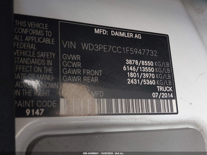 2015 MERCEDES-BENZ SPRINTER 2500 NORMAL ROOF WD3PE7CC1F5947732