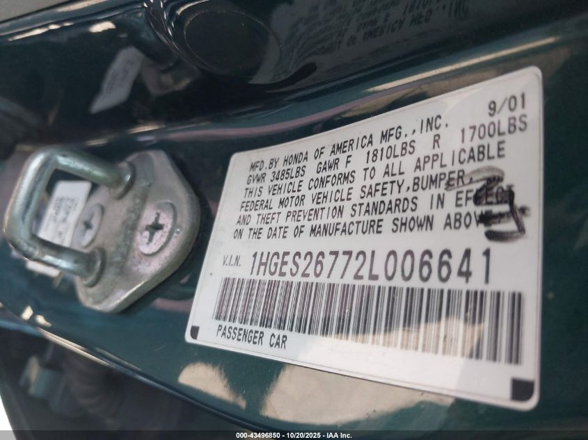 2002 Honda Civic Ex VIN: 1HGES26772L006641 Lot: 43496850