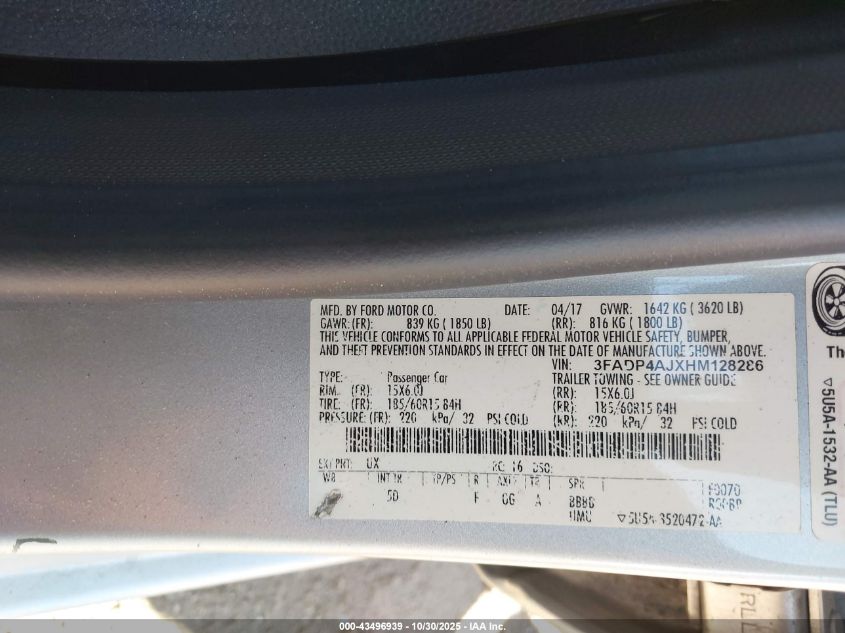 2017 Ford Fiesta S VIN: 3FADP4AJXHM128286 Lot: 43496939