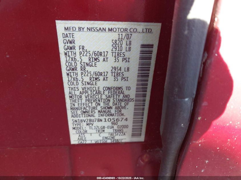 2008 Nissan Quest 3.5 Se VIN: 5N1BV28U78N105674 Lot: 43496969