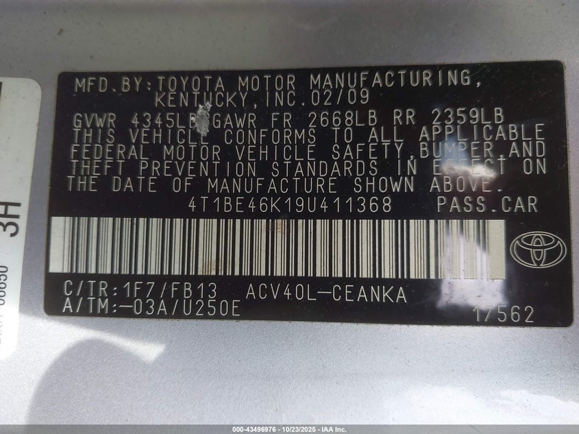 4T1BE46K19U411368 2009 TOYOTA CAMRY photo no. 9