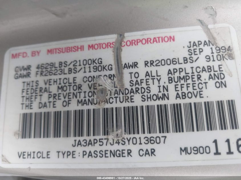 1995 Mitsubishi Diamante Ls VIN: JA3AP57J4SY013607 Lot: 43496981