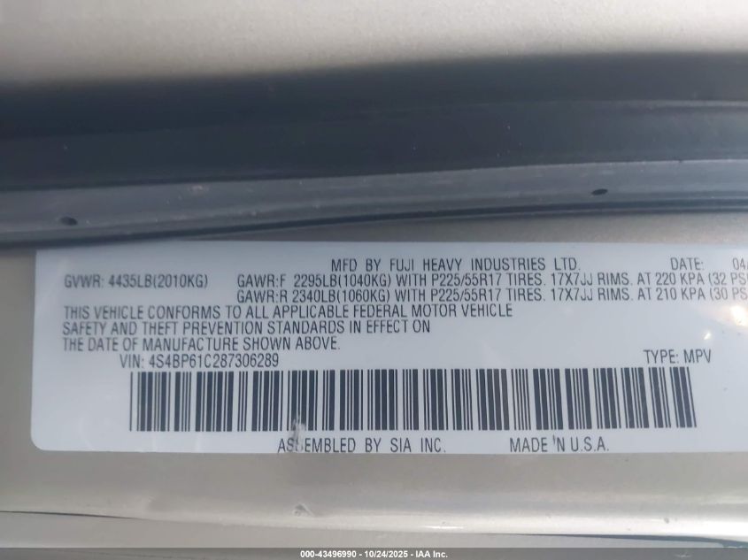 2008 Subaru Outback 2.5I/2.5I L.l. Bean Edition VIN: 4S4BP61C287306289 Lot: 43496990