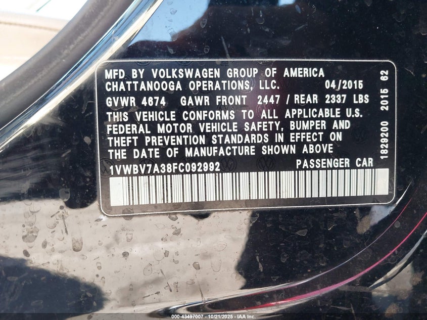1VWBV7A38FC092992 2015 VOLKSWAGEN PASSAT photo no. 9