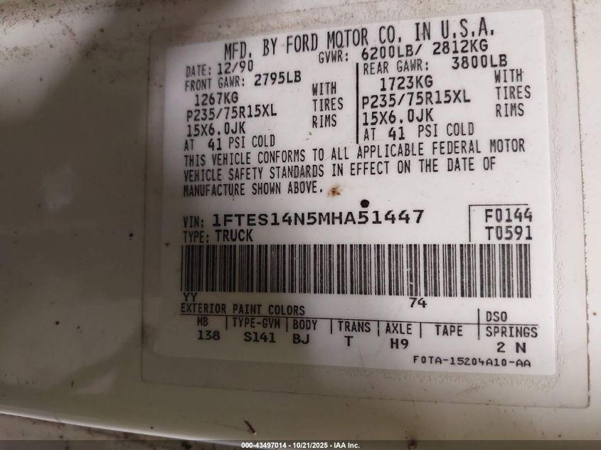 1991 Ford Econoline E150 Super Duty Van VIN: 1FTES14N5MHA51447 Lot: 43497014