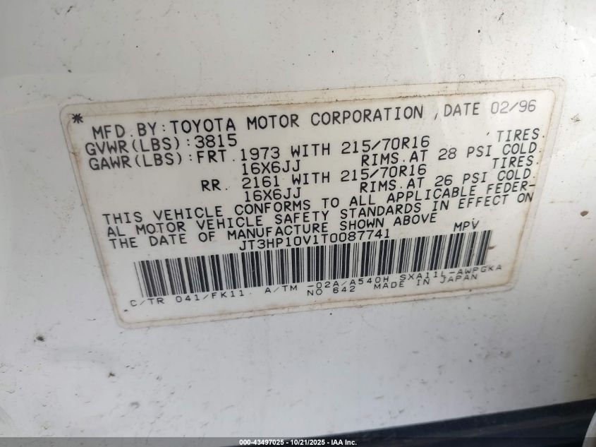 1996 Toyota Rav4 VIN: JT3HP10V1T0087741 Lot: 43497025