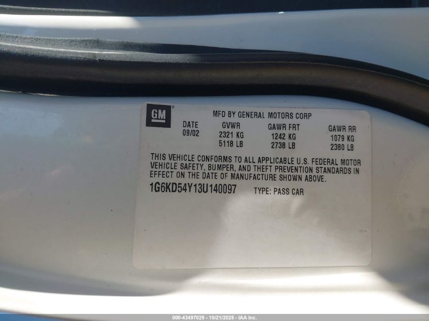 2003 Cadillac Deville Standard VIN: 1G6KD54Y13U140097 Lot: 43497029