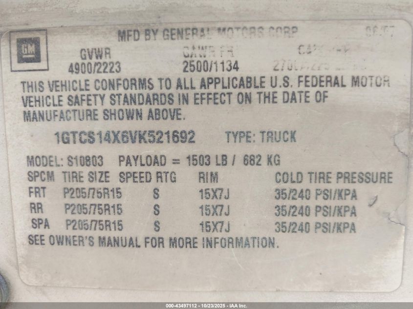 1997 GMC Sonoma Sl Wideside VIN: 1GTCS14X6VK521692 Lot: 43497112