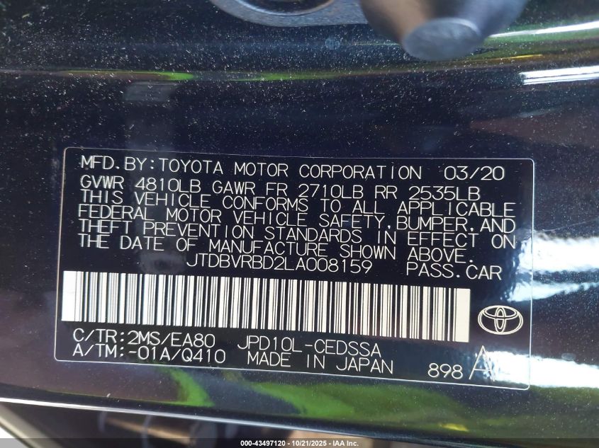 2020 Toyota Mirai VIN: JTDBVRBD2LA008159 Lot: 43497120