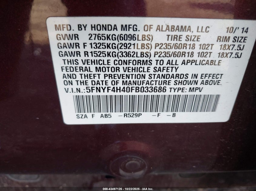 2015 HONDA PILOT EX 5FNYF4H40FB033686