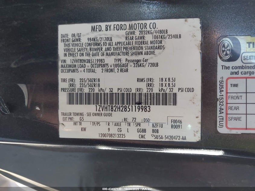 2008 Ford Mustang Gt Premium VIN: 1ZVHT82H285119983 Lot: 43497130