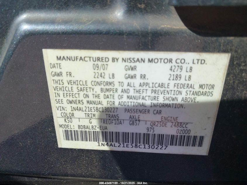 2008 Nissan Altima 2.5 S VIN: 1N4AL21E58C130227 Lot: 43497159