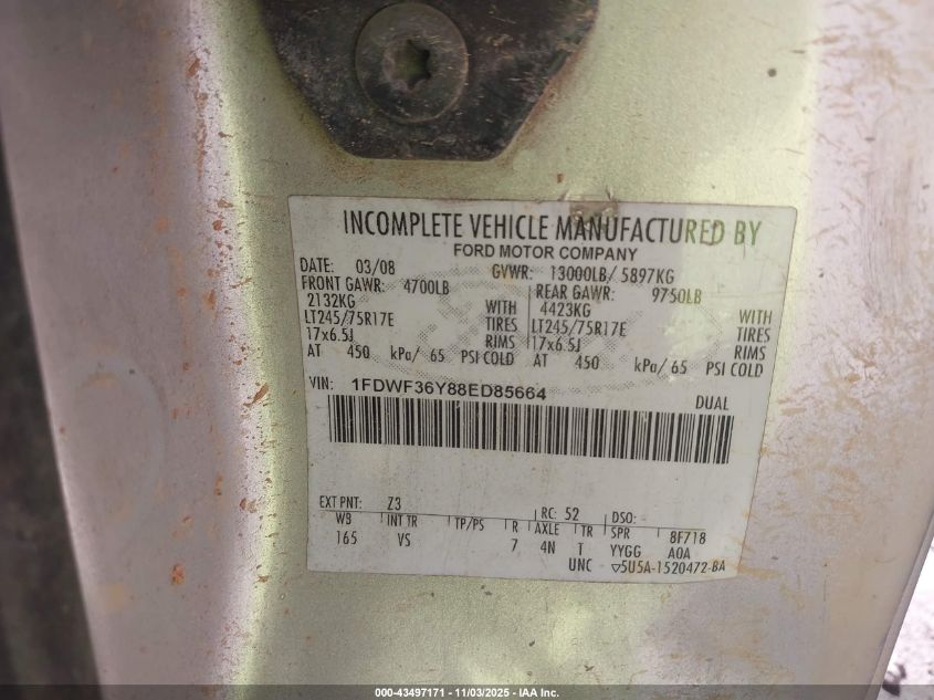 2008 Ford F-350 Chassis Xl/Xlt VIN: 1FDWF36Y88ED85664 Lot: 43497171