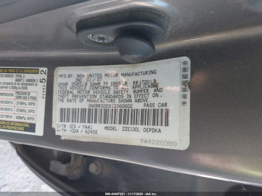 2007 Toyota Corolla Ce VIN: 1NXBR32E97Z860602 Lot: 43497221