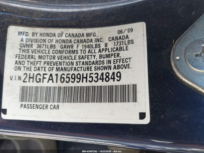 2009 Honda Civic Lx VIN: 2HGFA16599H534849 Lot: 43497242