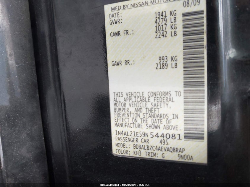 1N4AL21E59N544081 2009 NISSAN ALTIMA photo no. 9