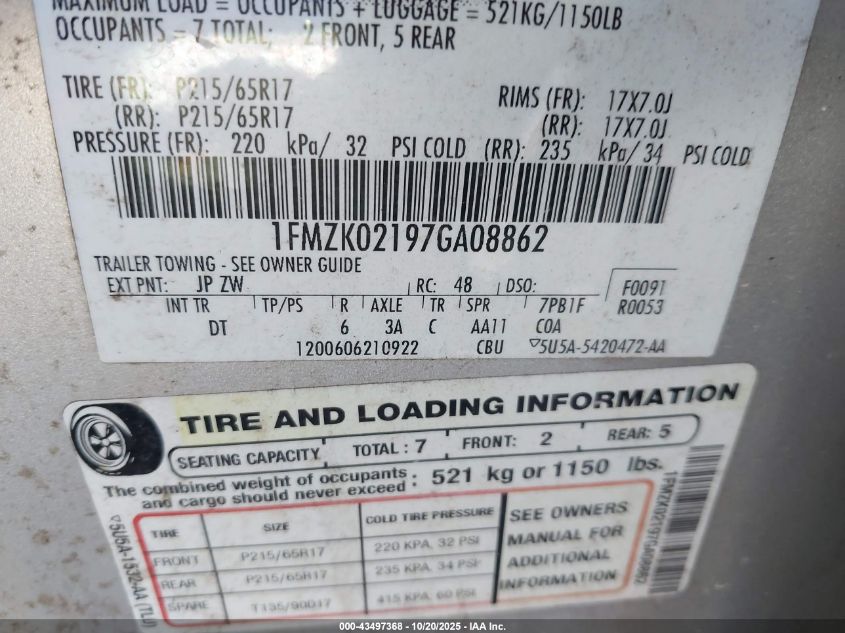 2007 Ford Freestyle Sel VIN: 1FMZK02197GA08862 Lot: 43497368