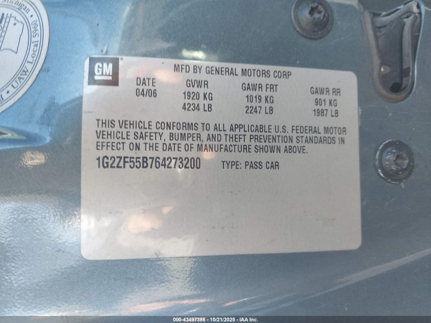 2006 Pontiac G6 VIN: 1G2ZF55B764273200 Lot: 43497386