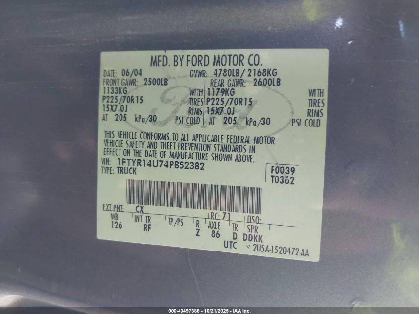 2004 Ford Ranger Edge/Tremor/Xl/Xlt VIN: 1FTYR14U74PB52382 Lot: 43497388