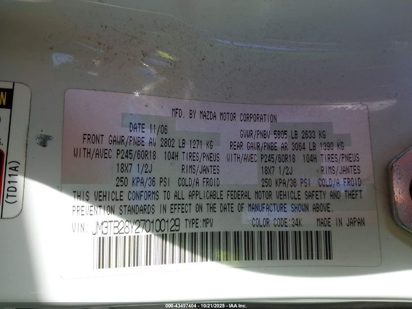 2007 Mazda Cx-9 Touring VIN: JM3TB28Y270100129 Lot: 43497404