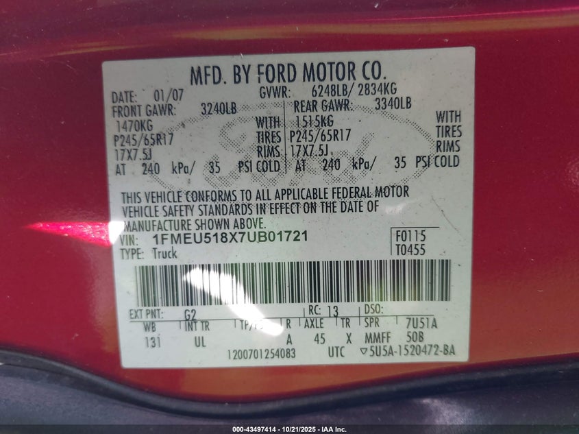 1FMEU518X7UB01721 2007 FORD EXPLORER SPORT TRAC photo no. 9