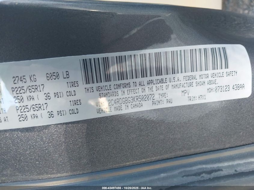 2019 Dodge Grand Caravan Se VIN: 2C4RDGBG3KR502072 Lot: 43497456