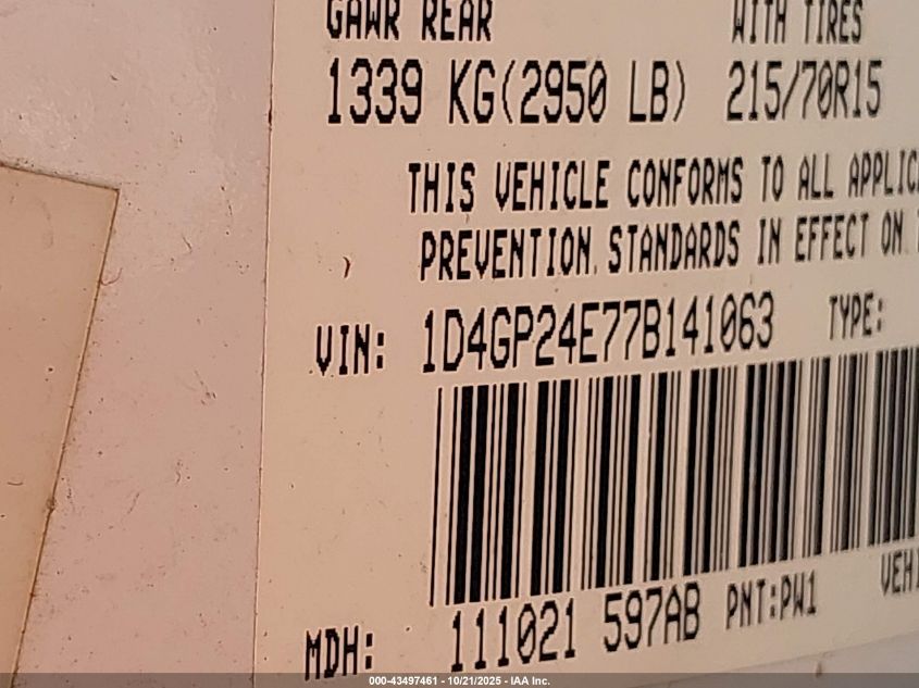 2007 Dodge Grand Caravan Se VIN: 1D4GP24E77B141063 Lot: 43497461