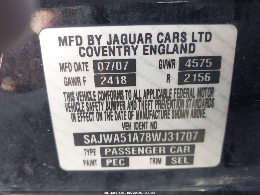 2008 Jaguar X-Type 3.0 VIN: SAJWA51A78WJ31707 Lot: 43497475