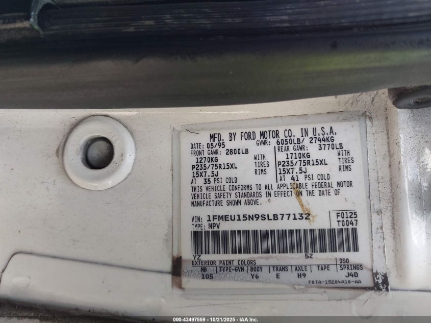 1995 Ford Bronco U100 VIN: 1FMEU15N9SLB77132 Lot: 43497559
