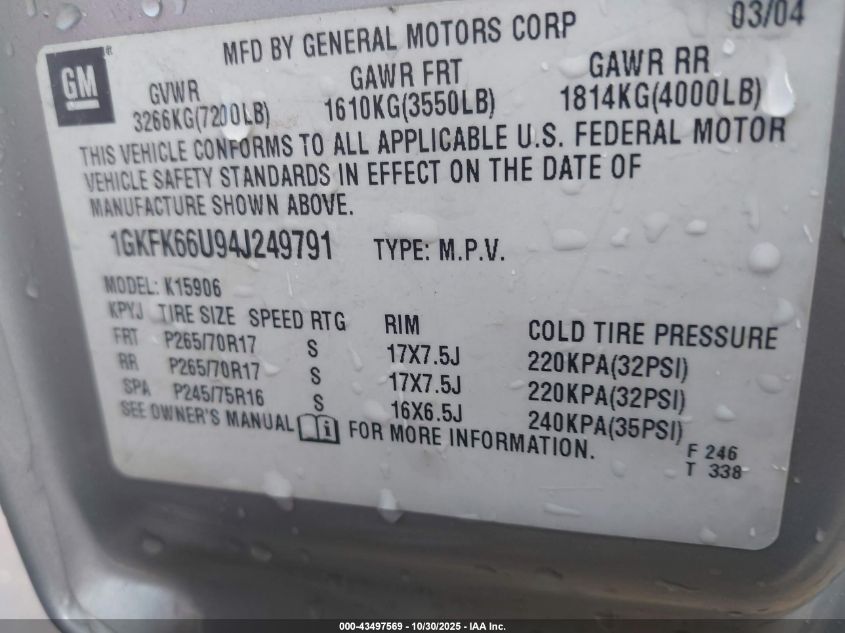 2004 GMC Yukon Xl 1500 Denali VIN: 1GKFK66U94J249791 Lot: 43497569